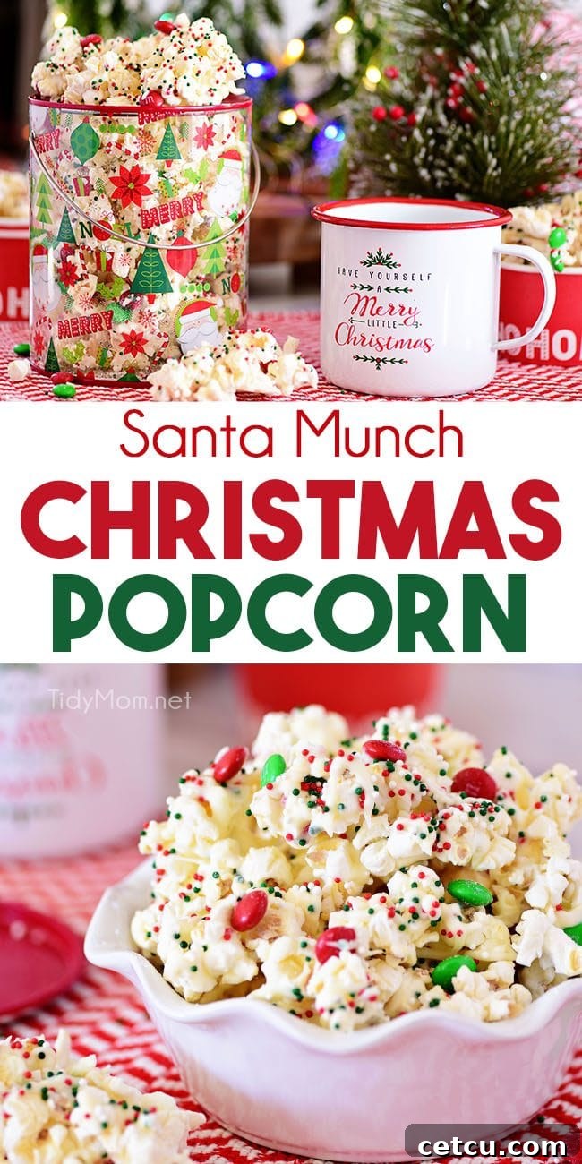 A photo collage displaying various appetizing shots of Santa Munch Christmas Popcorn, emphasizing its festive appeal and deliciousness.