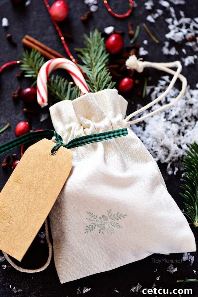 A beautifully packaged Simmering Christmas Potpourri gift bag, ready for holiday gifting.
