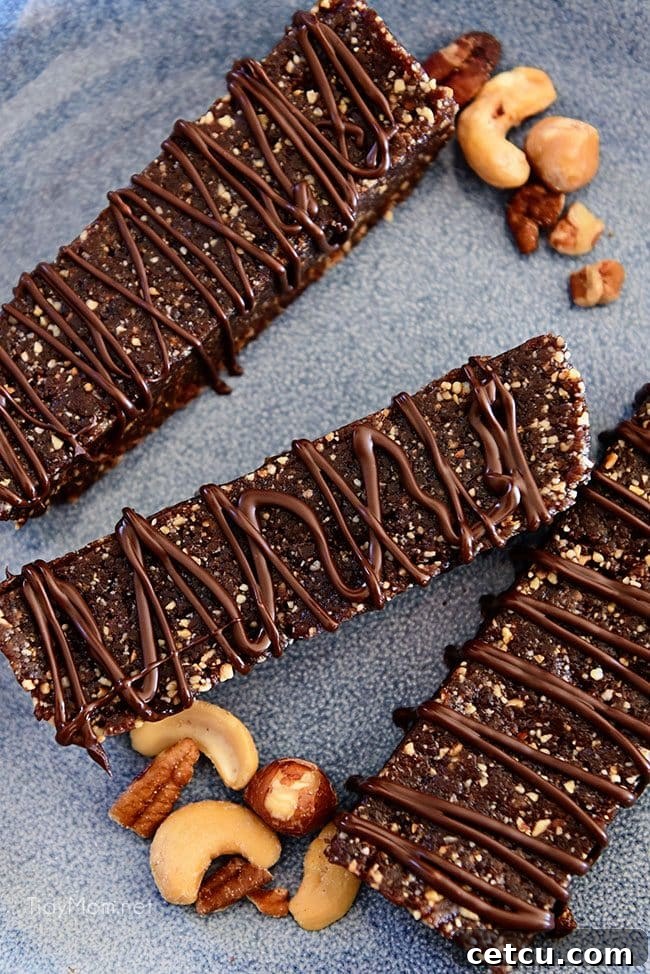Close-up of Homemade Hazelnut Energy Bars with Chocolate Drizzle HAZELNUT ENERGY BARS on blue plate