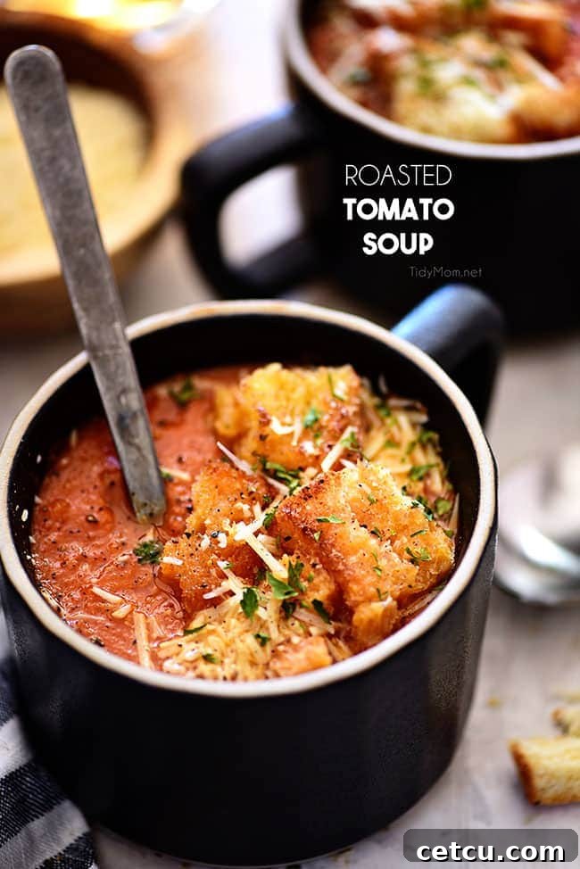 homemade Tomato Soup with fire-roasted tomatoes in a black mug