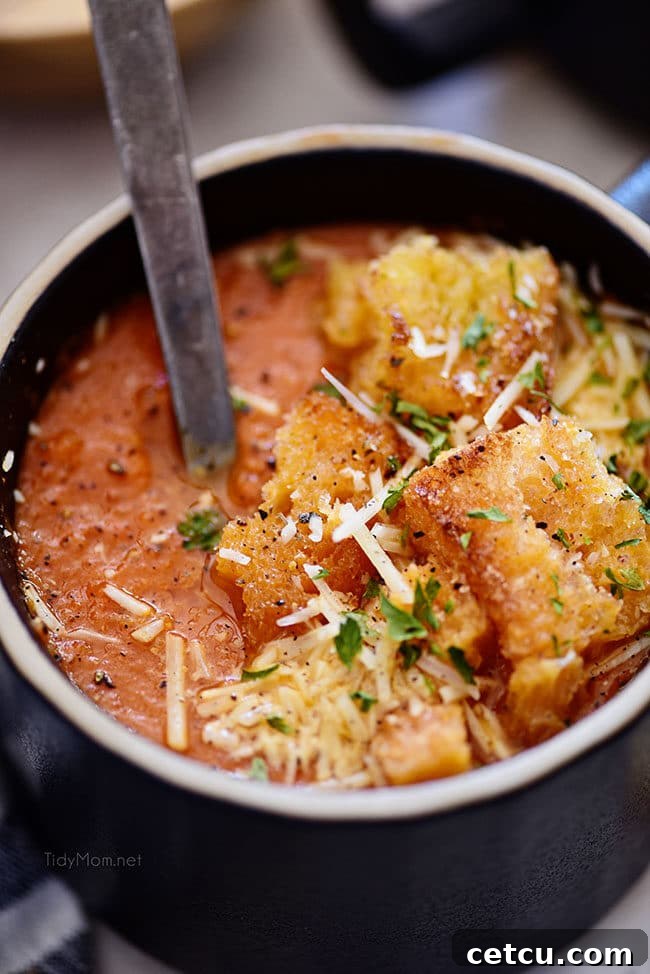homemade Roasted Tomato Soup in a black mug