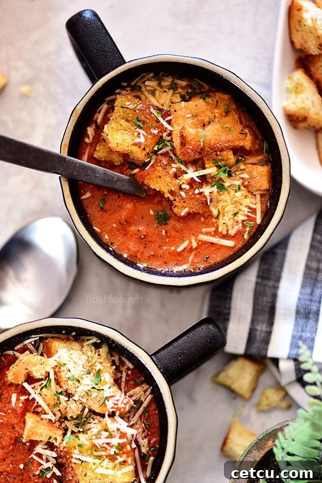 2 bowls of Roasted Tomato Soup in black mugs
