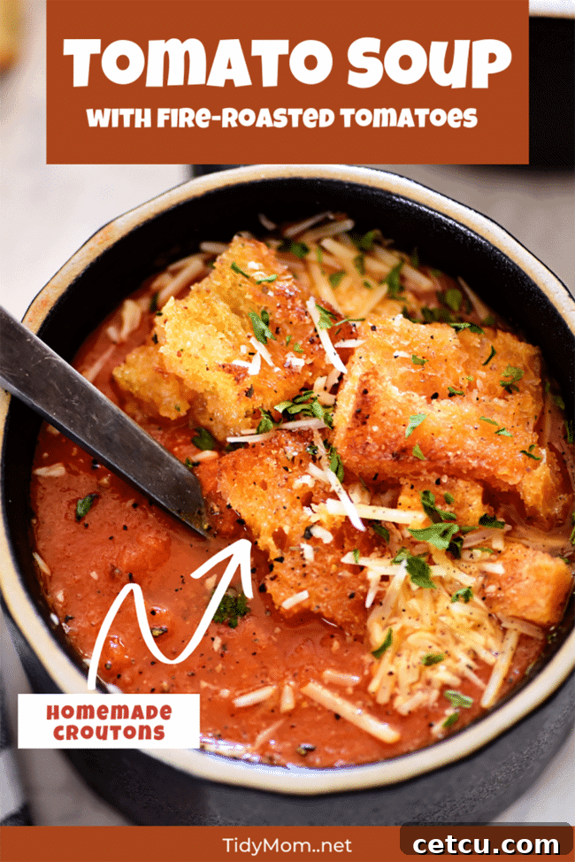 delicious tomato soup in a black bowl with croutons