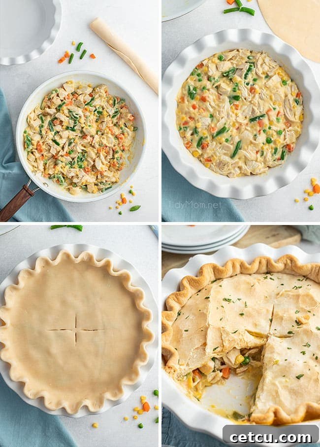 A step-by-step photo collage illustrating the process of making Easy Chicken Pot Pie, from mixing ingredients to the final baked pie.