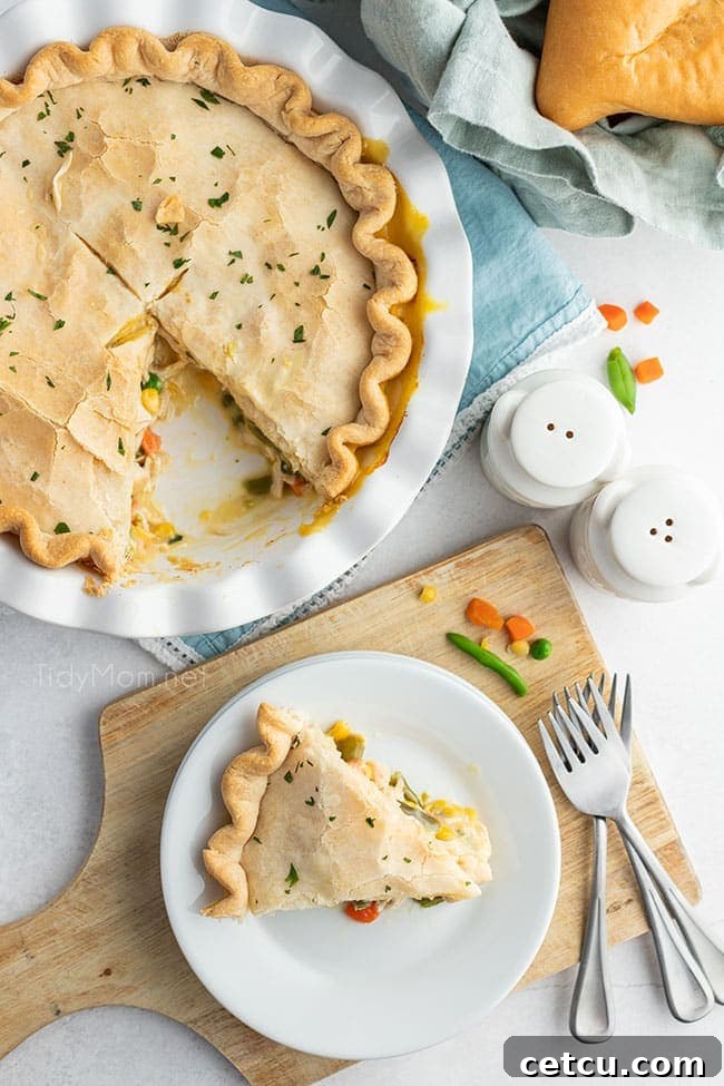 An overhead shot of a golden chicken pot pie in its baking dish, with a single serving already plated, highlighting the inviting meal.