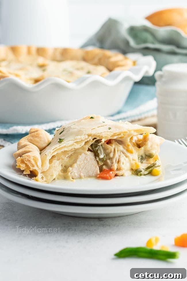 A slice of chicken pot pie resting on a stack of pristine white plates, highlighting its inviting and comforting presentation.