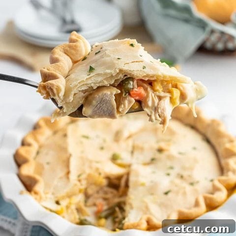 A delicious slice of Easy Chicken Pot Pie on a pie server, ready to be served.