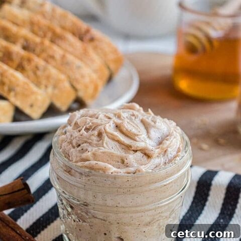 Homemade Cinnamon Honey Butter in a jar, a perfect, easy-to-make spread and gift.