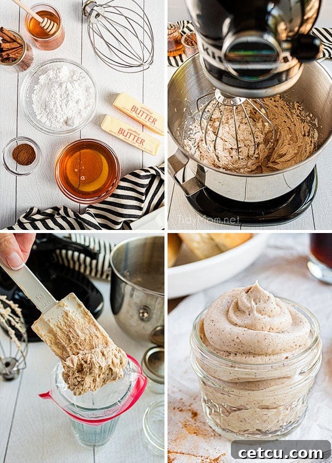 A photo collage showing the step-by-step process of making cinnamon honey butter, from combining ingredients to whipping.