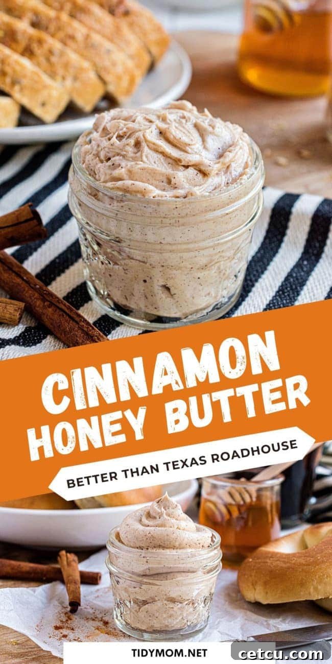 A tall, narrow image of cinnamon honey butter in a rustic canning jar, perfect for a Pinterest pin.