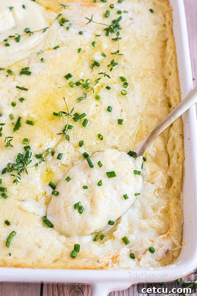 Prep-Ahead Perfection Mashed Potatoes 3 white casserole dish with make-ahead mashed potatoes