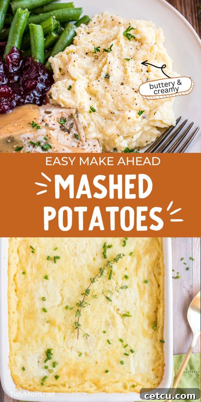 Prep-Ahead Perfection Mashed Potatoes 8 mashed potatoes in a casserole dish and a serving on a plate with fresh chives