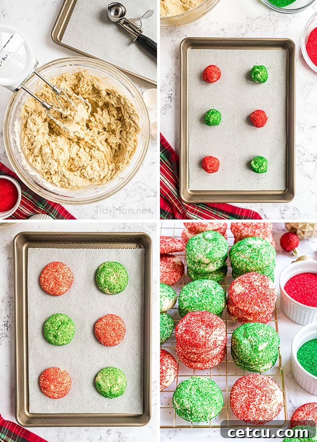 A step-by-step photo collage illustrating the process of making festive red and green Christmas drop cookies, from dough preparation to the final sanding sugar coating.