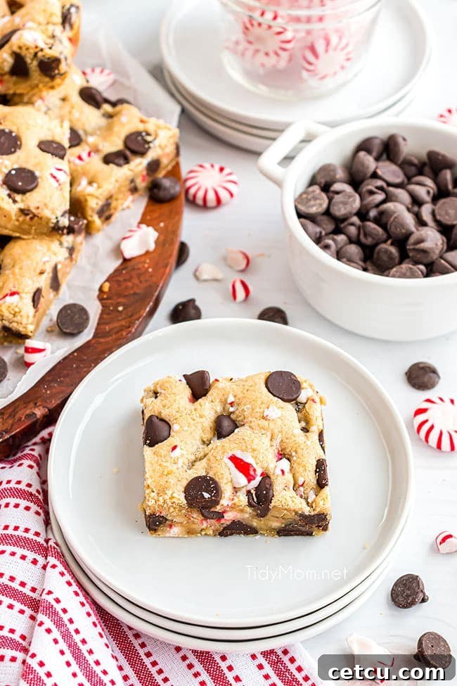A single dark chocolate chip peppermint cookie bar on a festive plate, with a bowl of dark chocolate chips and crushed peppermint candy in the background.