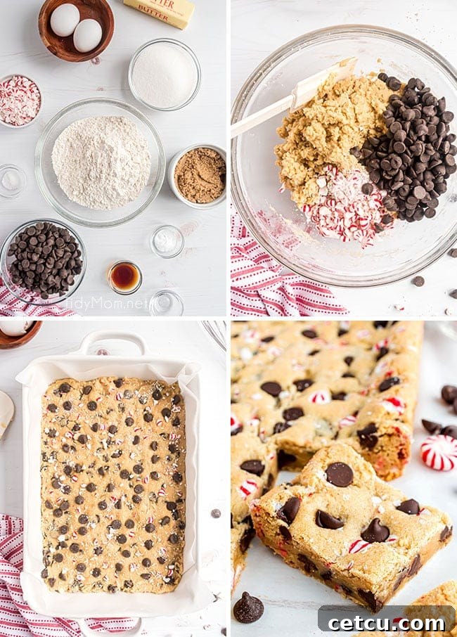 A photo collage demonstrating the step-by-step process of making dark chocolate chip peppermint cookie bars, from mixing ingredients to spreading dough in the pan.