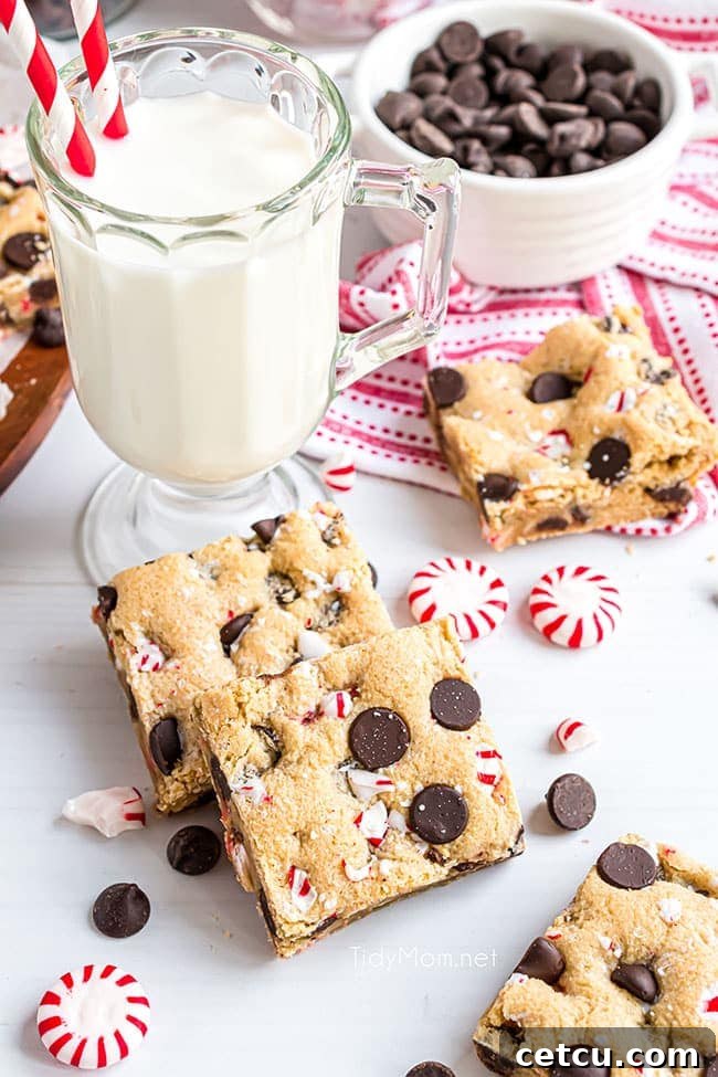 Freshly baked chocolate peppermint cookie bars arranged neatly on a platter, served with a refreshing glass of milk.