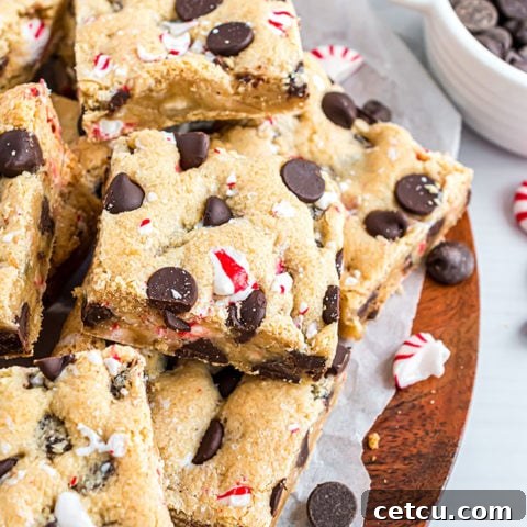 A festive platter of Dark Chocolate Chip Peppermint Cookie Bars, showcasing their delicious appeal.