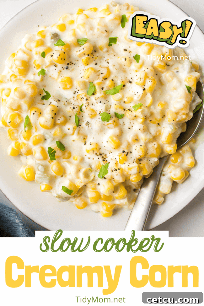 Easy Creaed Corn Recipe on a white plate with a spoon