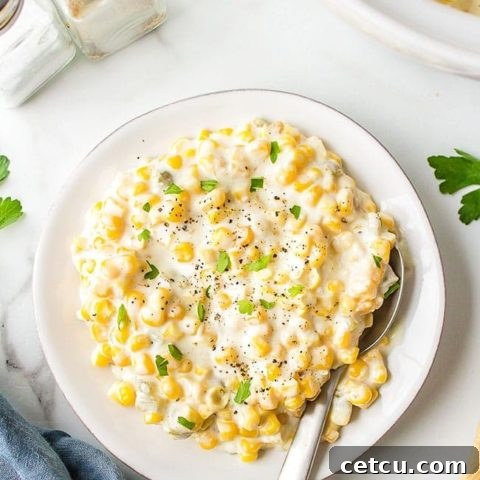 Easy Cream Cheese Corn on a plate and by a slow cooker
