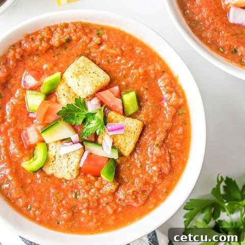 cold Spanish soup in a white bowl