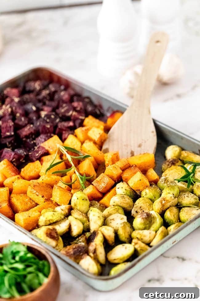 A baking sheet filled with beautifully roasted fall root vegetables, including Brussels sprouts, butternut squash, and beetroot, showcasing their crispy edges and vibrant colors.