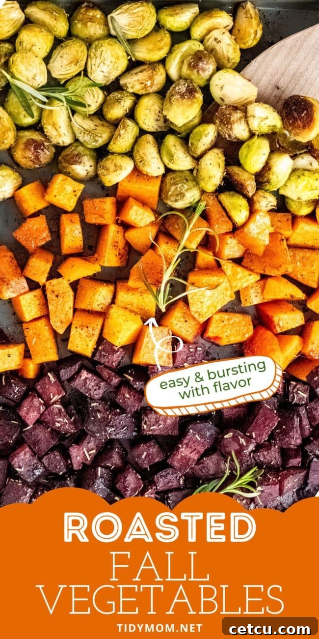 A vertical image of perfectly oven-roasted root vegetables, featuring Brussels sprouts, butternut squash, and beetroot, artfully arranged and ready to serve.