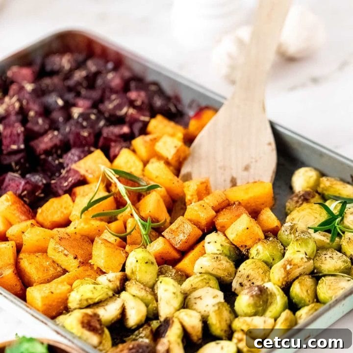 A baking sheet filled with beautifully roasted fall root vegetables, including Brussels sprouts, butternut squash, and beetroot, showcasing their crispy edges and vibrant colors.
