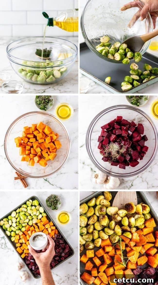 A photo collage illustrating the step-by-step process of making roasted fall root vegetables, from tossing ingredients to arranging them on a baking sheet.