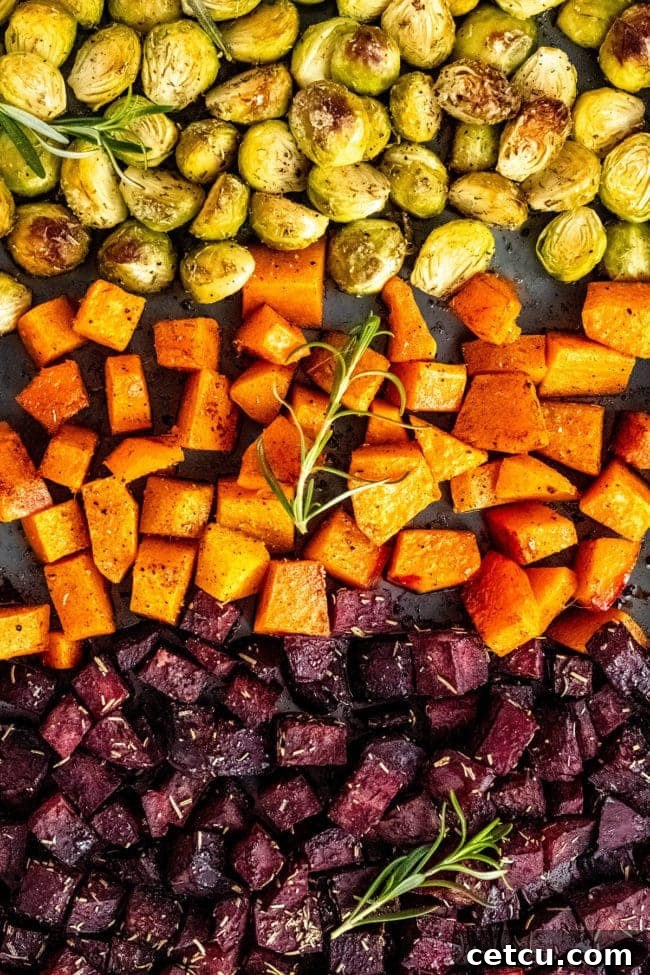 A close-up view of perfectly roasted fall root vegetables, highlighting the caramelized edges of Brussels sprouts, butternut squash, and beetroot.