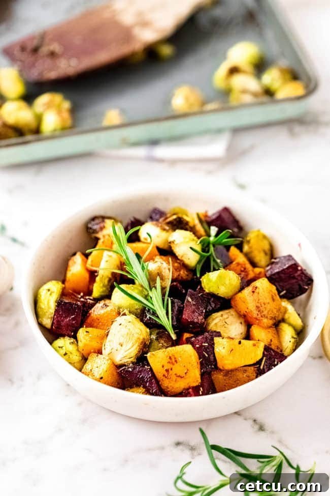 A bowl brimming with a colorful assortment of roasted fall vegetables, ready to be served as a healthy and delicious side dish.