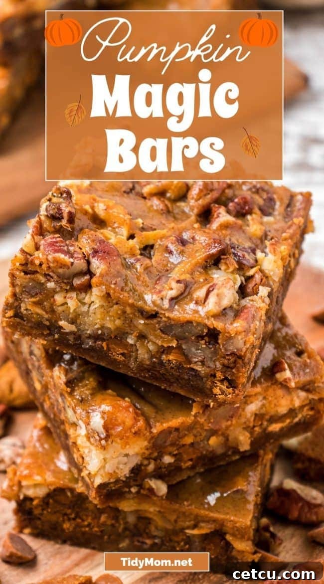 Autumn's Magical Seven Layer Pumpkin Bars 11 stack of three Pumpkin Magic Bars, showcasing the beautiful layers and inviting texture, perfect for Pinterest