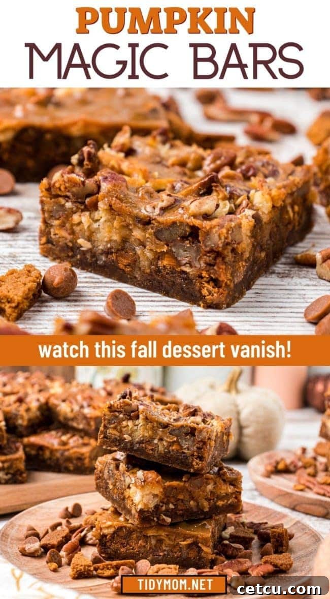 Autumn's Magical Seven Layer Pumpkin Bars 12 Pumpkin Magic Bars photo collage, featuring various angles and close-ups of the dessert