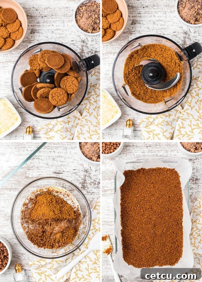 Autumn's Magical Seven Layer Pumpkin Bars 4 photo collage demonstrating how to make a gingersnap crust for magic bars