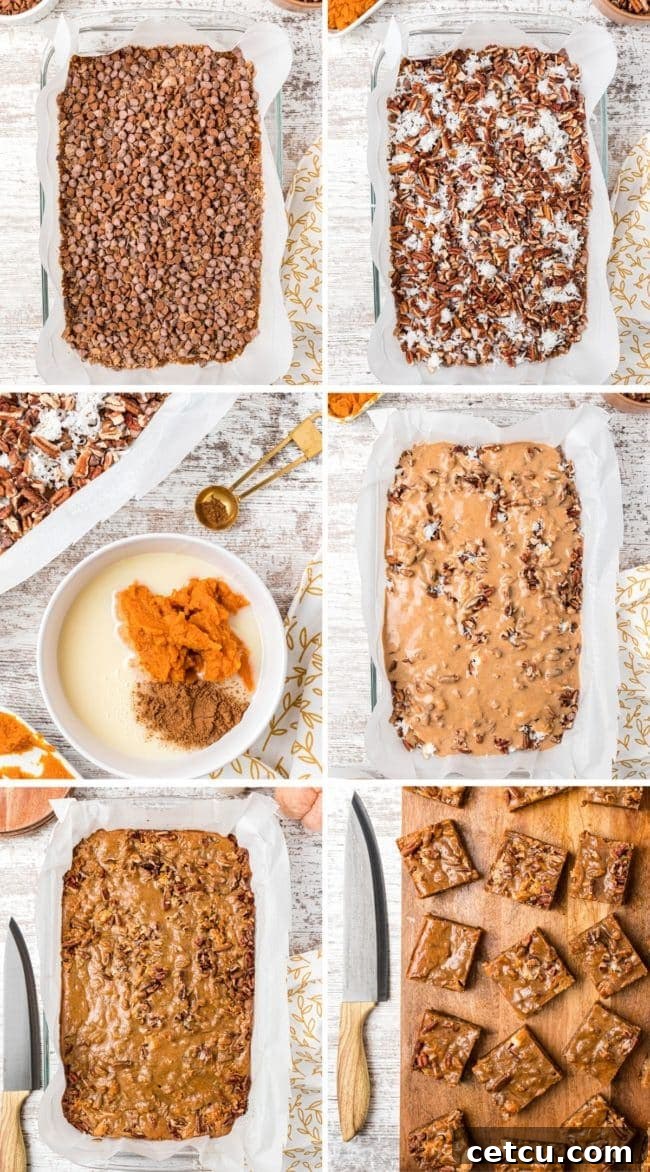Autumn's Magical Seven Layer Pumpkin Bars 5 photo collage showing the step-by-step process of making Pumpkin Magic Bars