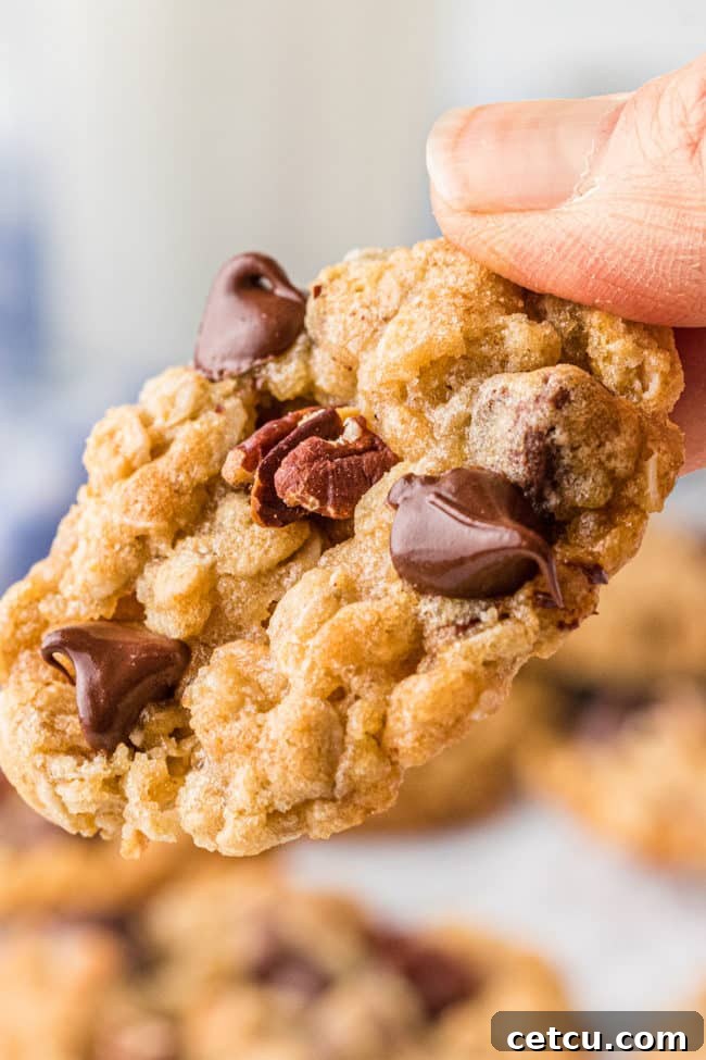 a hand holding a single freshly baked Ranger Cookie, with a close-up view of its texture and ingredients.