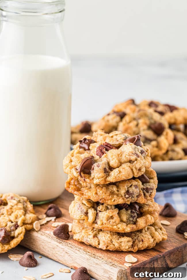 a close-up shot of several old-fashioned oatmeal Ranger Cookies, highlighting their hearty and delicious appearance.