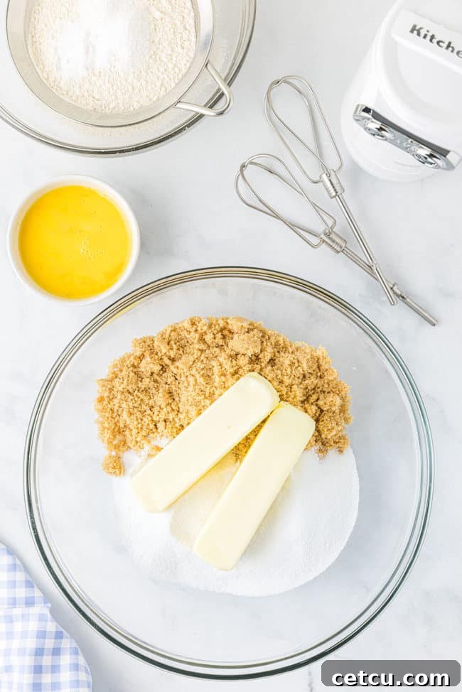 first step in making ranger cookies, showing softened butter and sugars being creamed together in a mixing bowl.