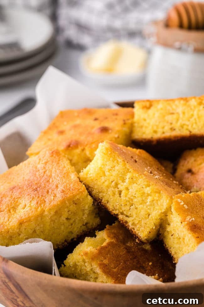 A rustic basket holding freshly baked slices of Jiffy cornbread, enticing and warm.