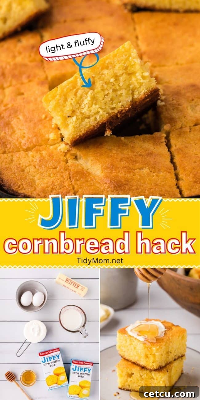 A collage of various delicious cornbread photos, including slices with honey, in a skillet, and an overhead view of the ingredients.