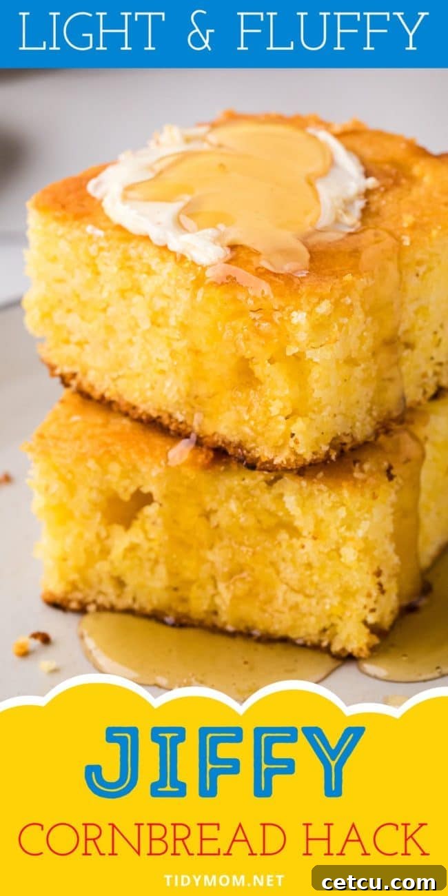 A close-up view of a slice of moist cornbread, generously topped with melted butter and golden honey, highlighting its rich texture.