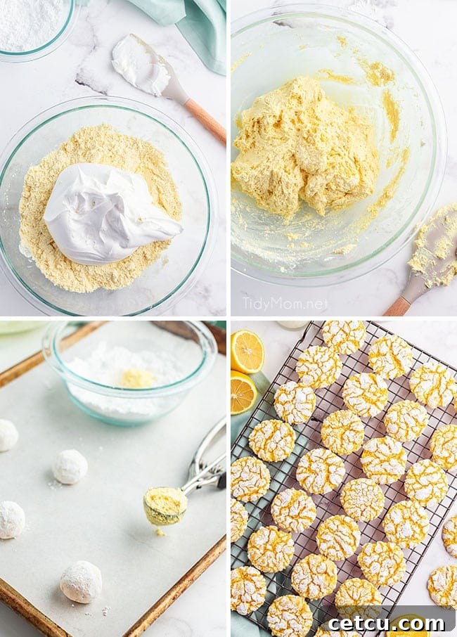 Step-by-step collage showing how to make lemon cool whip cookies