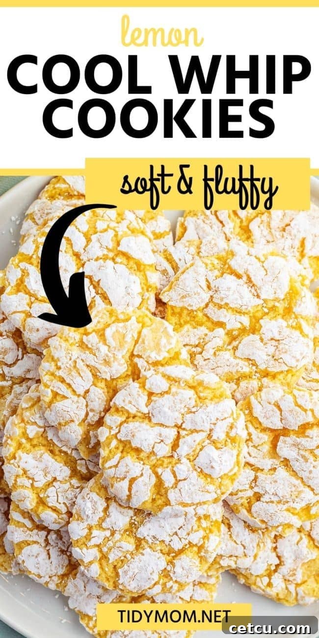 Lemon cool whip cookies piled on a plate with text overlay