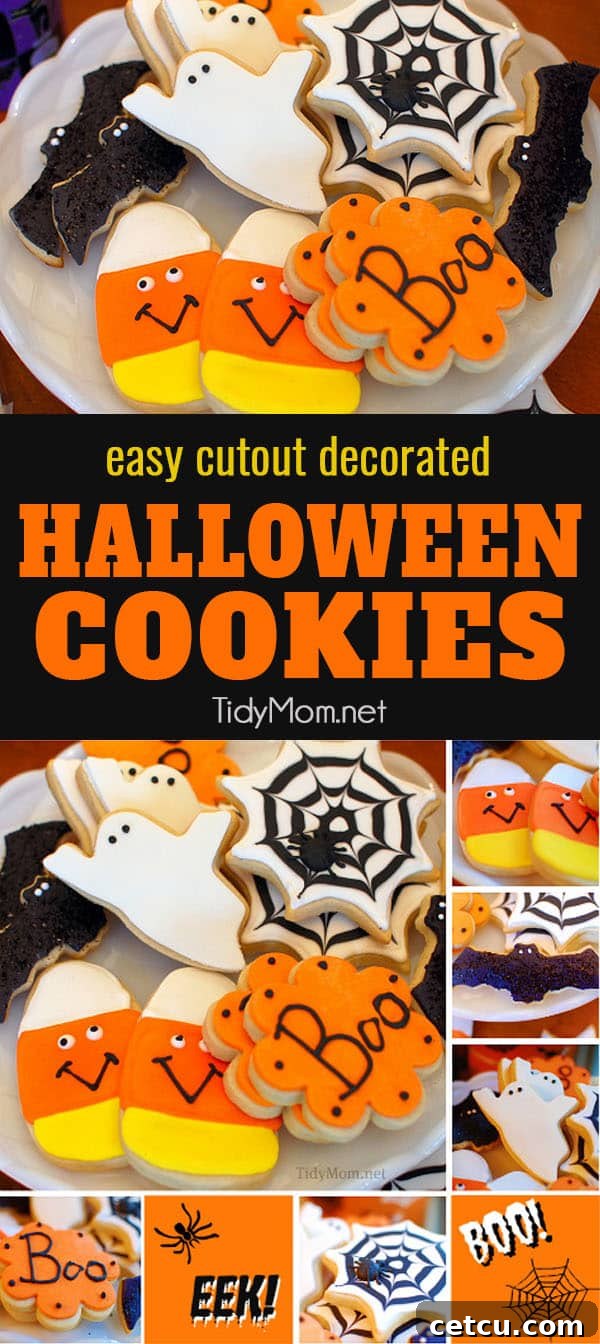 Decorated Halloween cutout cookies with royal icing and fondant
