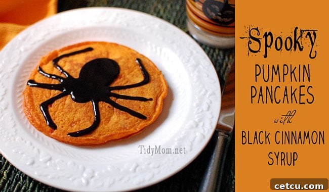 Spooky Pumpkin Pancakes with Black Cinnamon Syrup - A fun and festive Halloween breakfast or dinner idea for the whole family.