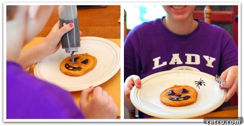 Pancake collage featuring various pumpkin pancake designs and a close-up of the black cinnamon syrup.