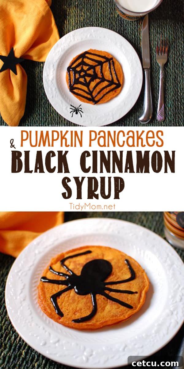 A stunning vertical collage of Spooky Pumpkin Pancakes with Black Cinnamon Syrup, showcasing various designs including a spider and a spiderweb. This image encourages users to click for the full recipe on TidyMom.net.