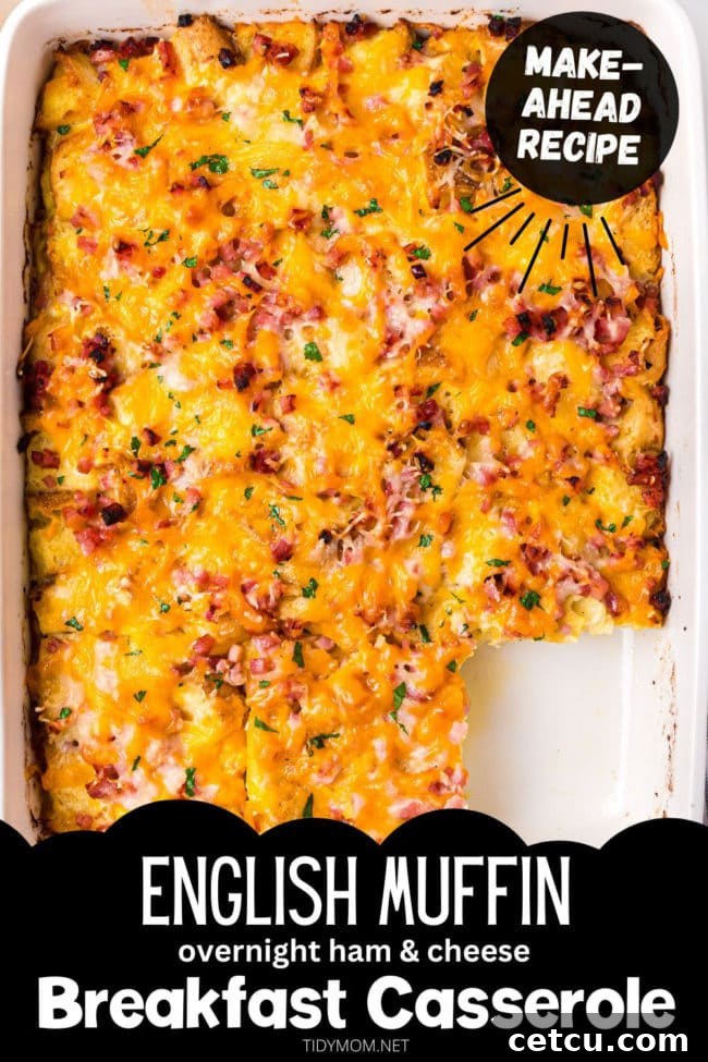 A vertical pin-friendly image of the English Muffin Breakfast Casserole, highlighting its golden crust and delicious interior, perfect for sharing on Pinterest.