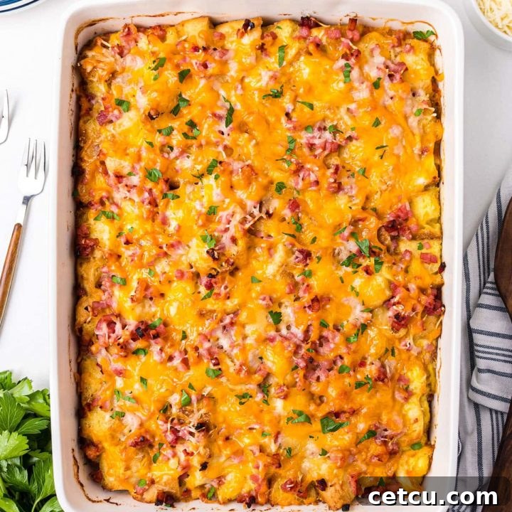 white dish with English muffin breakfast casserole