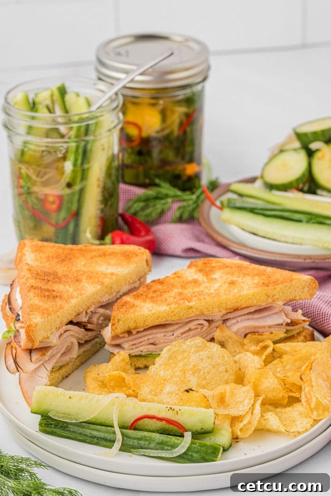 A delicious sandwich on a plate, perfectly paired with crunchy quick pickles and potato chips, with jars of homemade pickles in the background, showcasing a perfect meal.