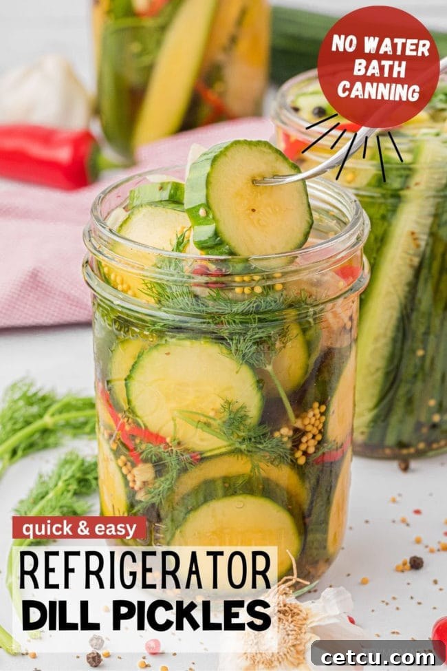 A close-up view of a canning jar, beautifully filled with vibrant pickle slices, showcasing the fresh herbs and seasonings within the clear brine.